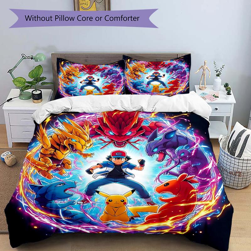 

3pcs Ash and His Legendary Partners Pokémon Adventure Bedding Set - Includes 1 Quilt Cover and 2 Pillowcases, Comfortable Bedding with Stylish De 135x200cm