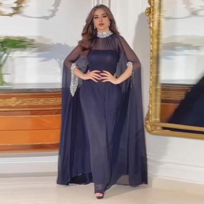 Vestido de noche para mujer Lentejuelas brillantes Cuello medio alto Dobladillo grande Malla fina transparente Mangas de murciélago Color sólido Vestido largo de fiesta con dobladillo grande de gran tamaño