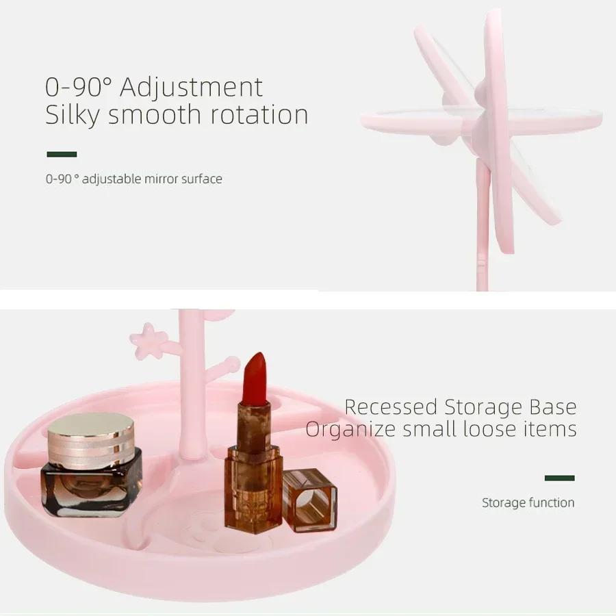 LED Makeup Mirror With Light Lamp With Storage Desktop Rotating Cosmetic Mirror Light Adjustable Dimming USB Vanity Mirror