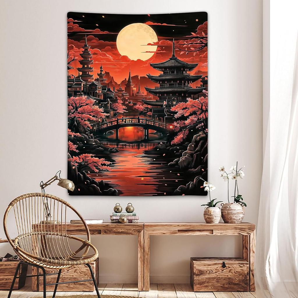 Anime Japanese Tapestry Cool Japan Black and Red Sun Nature Forest Pink Cherry Blossom Art Vertical Tapestries Wall Hanging for