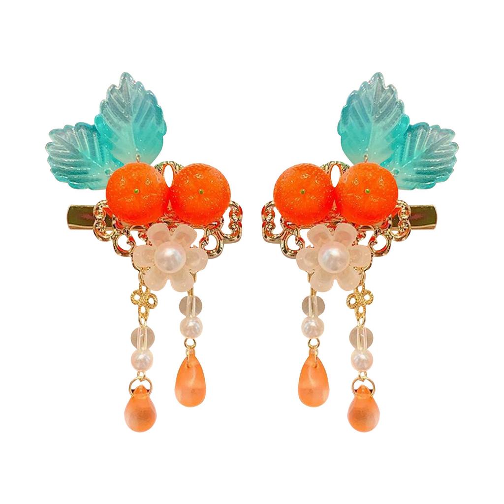 A Girl's Pair Of Orange Fruit Hair Clips, Children's Sweet Hair Clips And Hair Accessories, Baby's Fresh Tassel Cards.