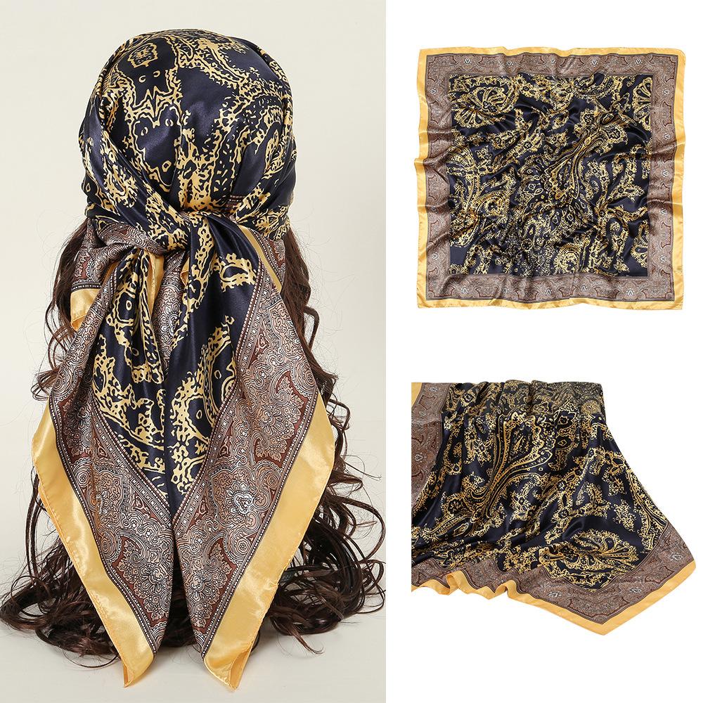 

90*90cm Square Silk Scarf Women Print Scarves Satin Shawl Wrap Hijab Female Headband Bandana Foulard Neckerchief 90cm жовтий