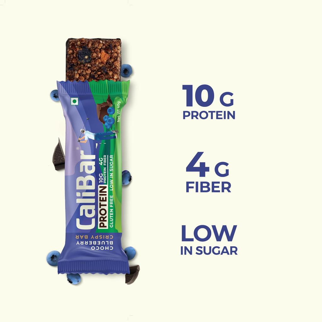 CaliBar 10g Protein Bar - Choco Blueberry Crispy Bar (Pack of 6) Low In Sugar, Real Blueberry Bits, Gluten-Free, 4g Fiber, No Preservatives, No P