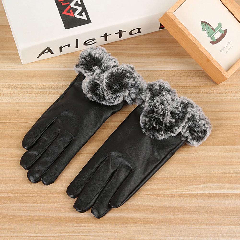Women Winter Gloves Faux Rabbit Fur PU Leather Touch Screen Mittens Lady Female Outdoor Driving Warm Gloves