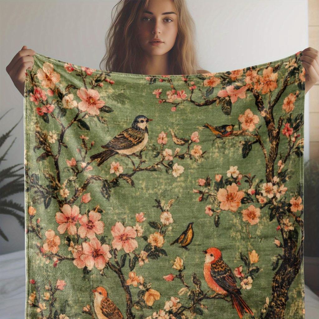 [Warm Flannel Blanket] 1pc Warm and Soft Flannel Blanket | Retro Flower And Bird Print, Suitable for Sofa, Bed, Car, Office,