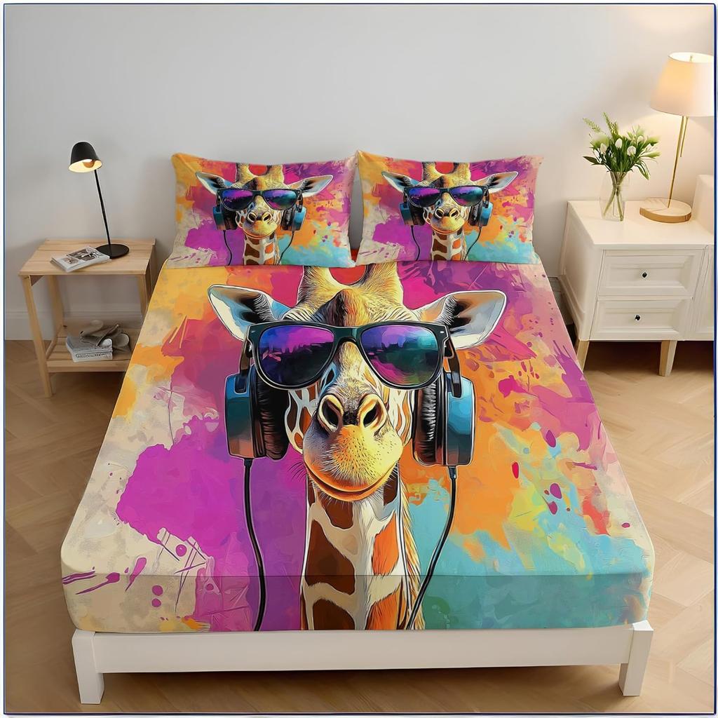 Giraffe Kids Fitted Sheet Single Size,Cute Giraffe Family Bed Cover with 1 Pillowcase 75*50,Cartoon Animal Theme Bedding Set