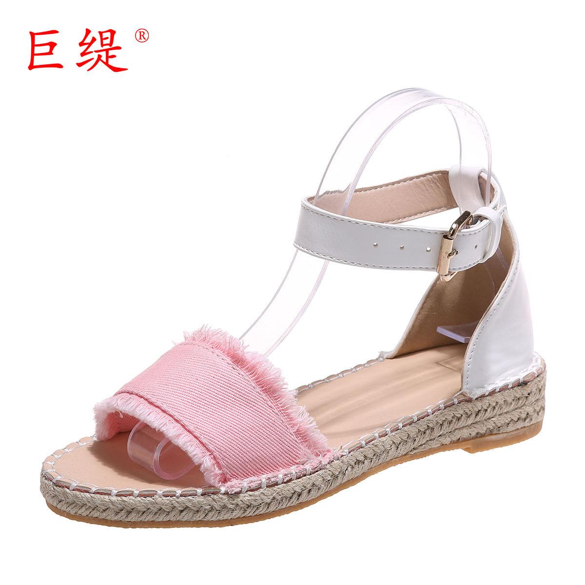 

Джути точечный весенне-летние новые wish Amazon независимая станция eaby внешняя торговля большой размер плоская пеньковая веревка женские сандалии 43 розовый