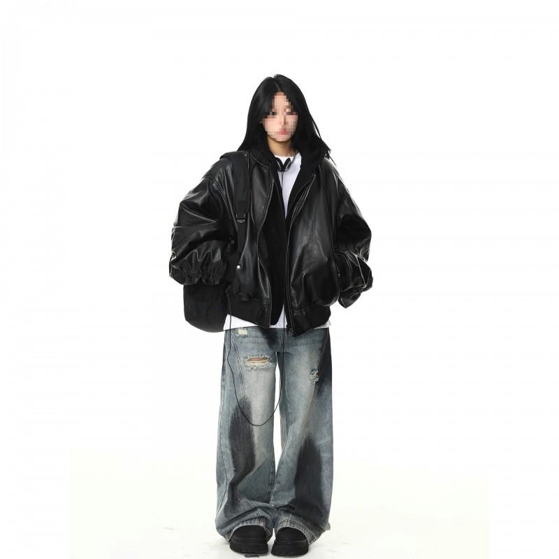 Giacca Nera Oversize in Pelle Unisex Autunno Casual Streetwear Corta Corta con Cappuccio Stile Biker
