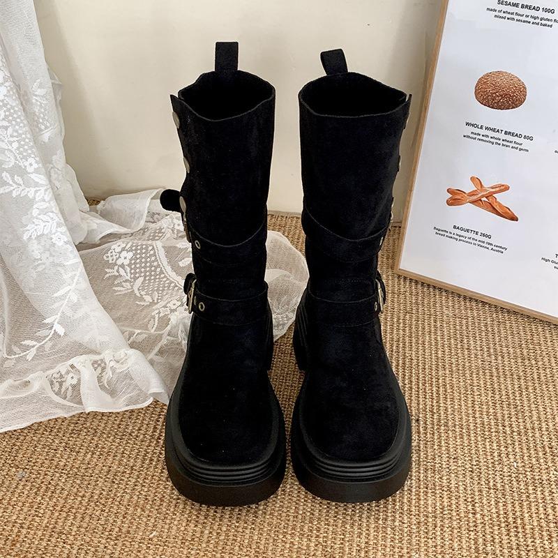 Fashion Women's Long Boots 2025 Fashion Platform Height Increasing Outdoor Knight Boots Spring Autumn New Retro Belt Buckle Women Shoes