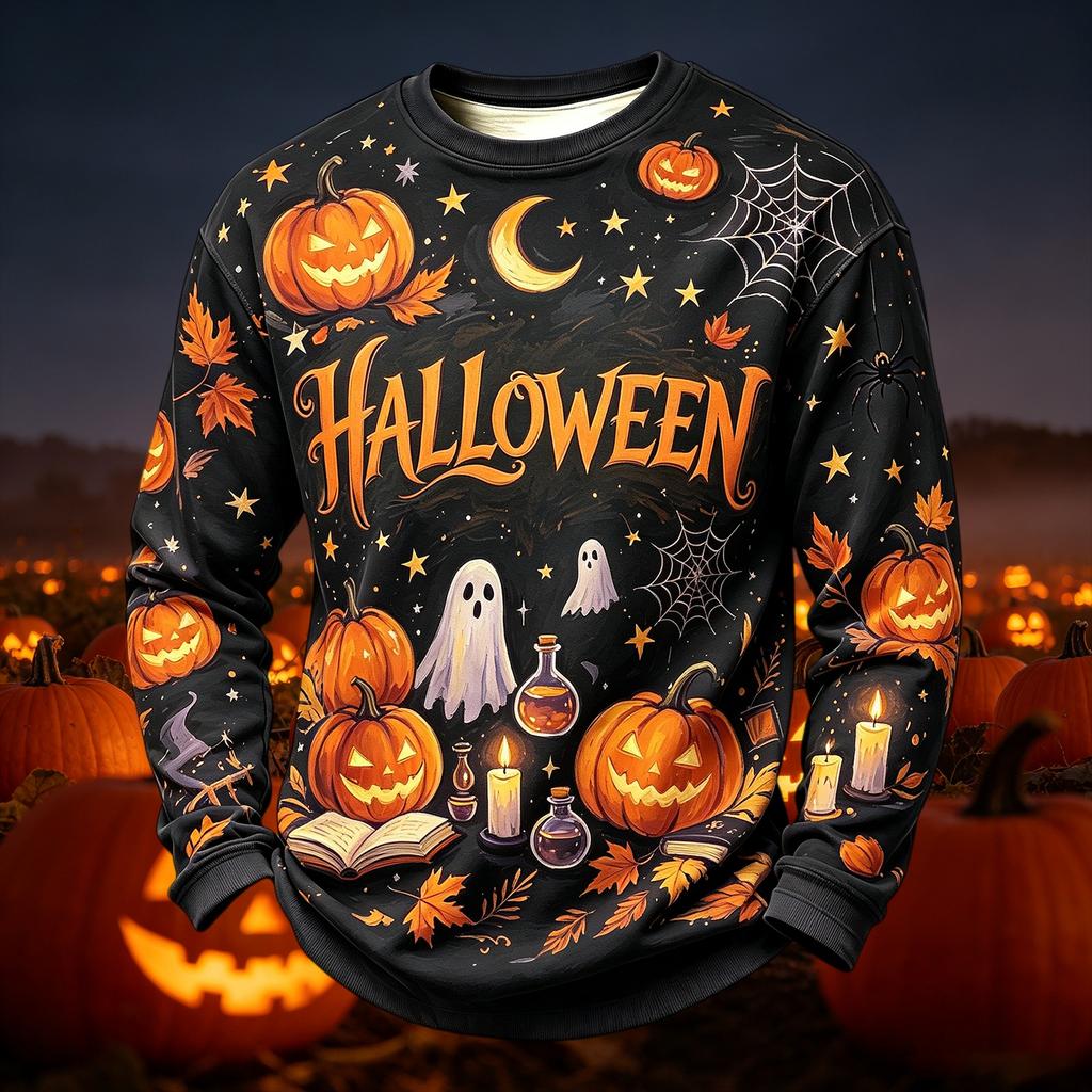 Herren lässiges Strick-Langarm-Rundhals-T-Shirt mit Halloween-Print