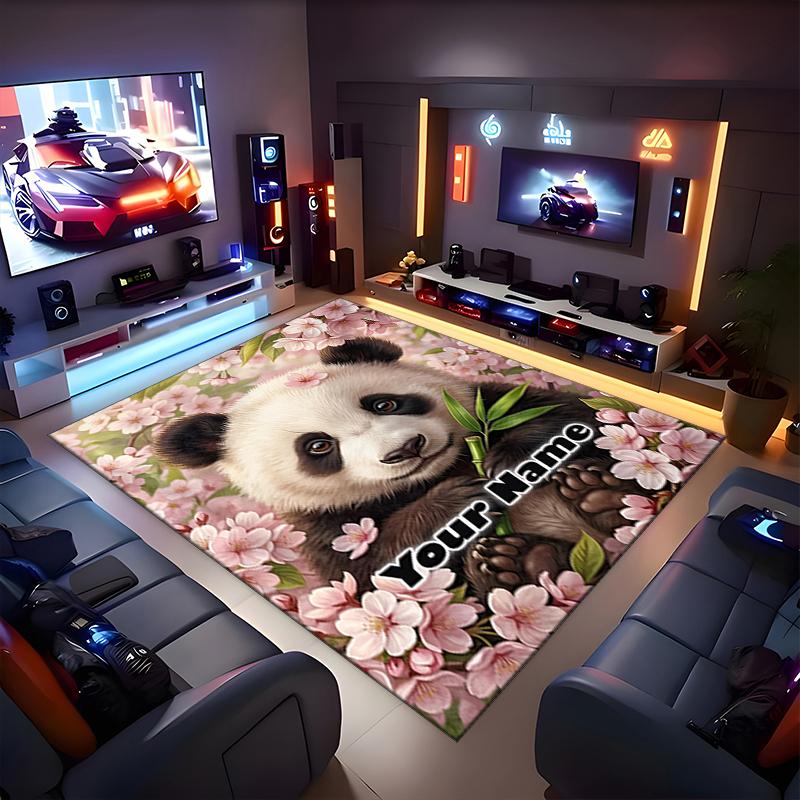 1PC Custom Name Panda Cherry Blossoms Theme Floor Mat Ideal for Living Room, Game Rooms, Office, Bedroom,Floor Mat Playful Design