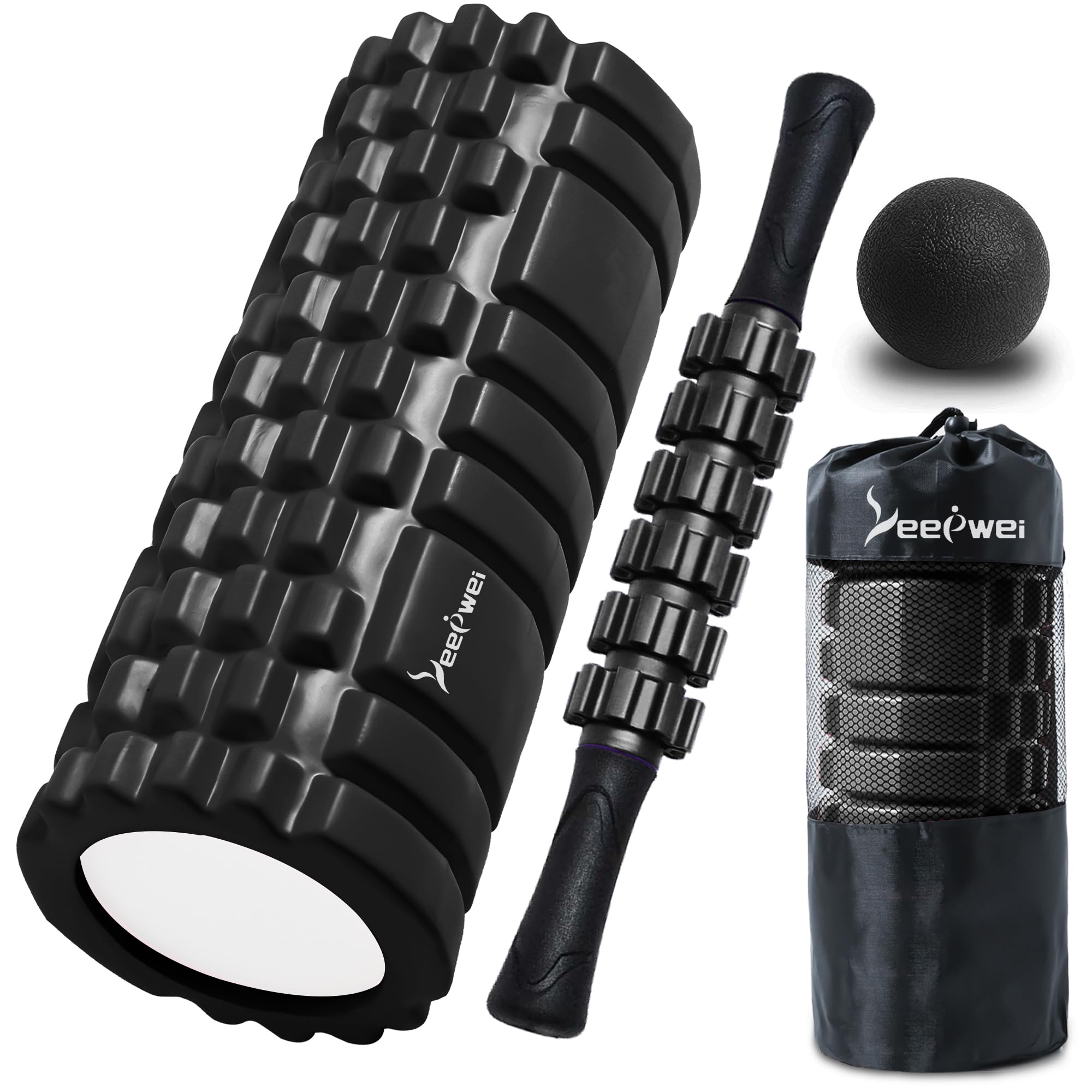 

LEEPWEI Набор для миофасциального массажа триггерных точек для йоги из пены для начинающих и дома Включает хранение Черный ролик, Расслабление, Столб, Мяч, Использование 4 предметов, Сумка, чёрный