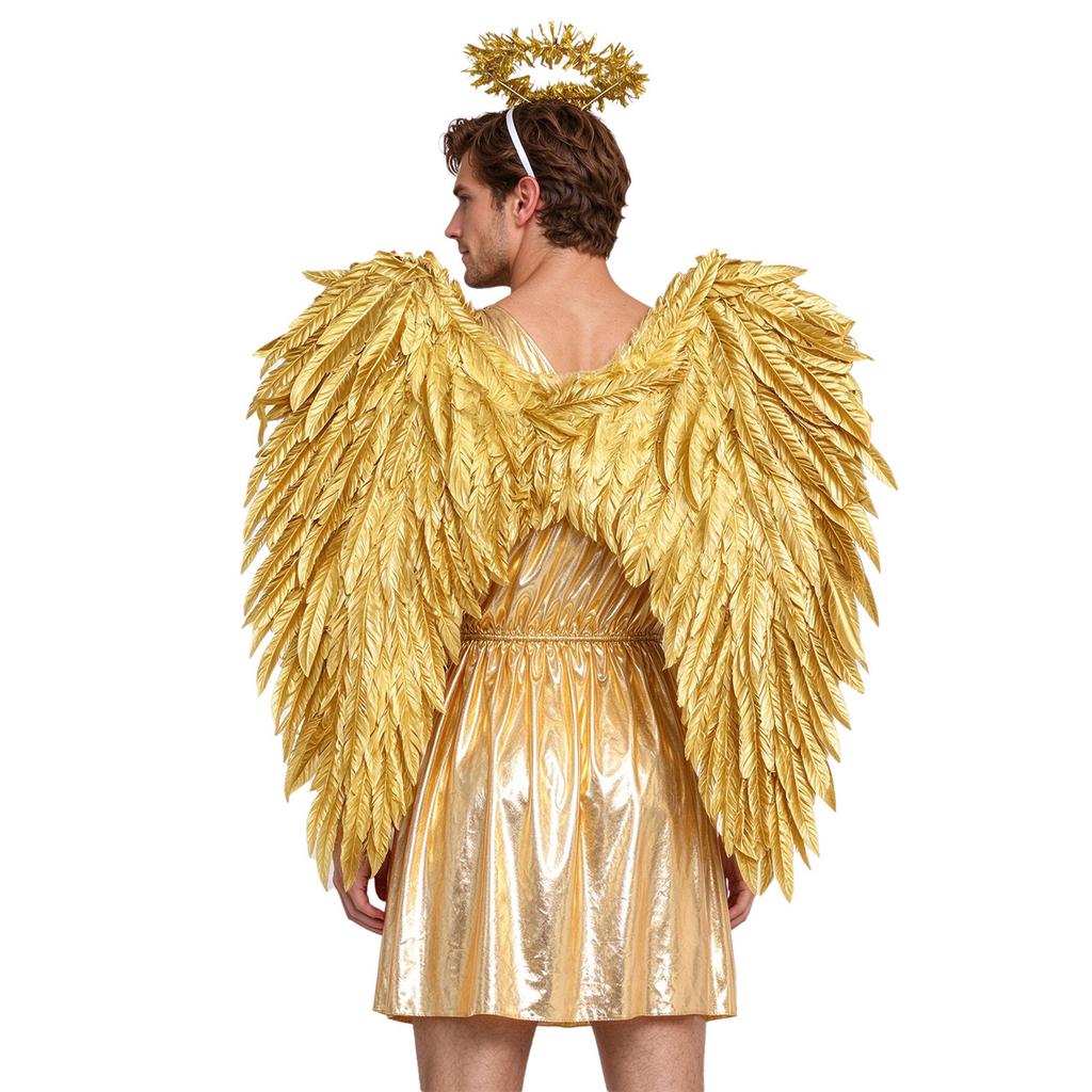 Costume Toga Greco Romano Mitologico da Uomo Tunica Metallizzata Monospalla con Ali e Copricapo per Festa Cosplay di Halloween