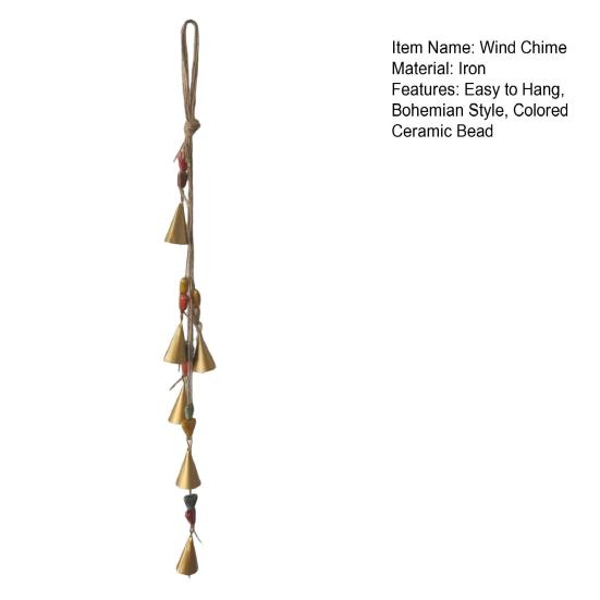Colored Ceramic Bead Wind Chime Bohemian Farmhouse Rustic Hanging Metal Cow Bell Cluster with Jute Rope Outdoor Garden Patio Wind Bell Decoration
