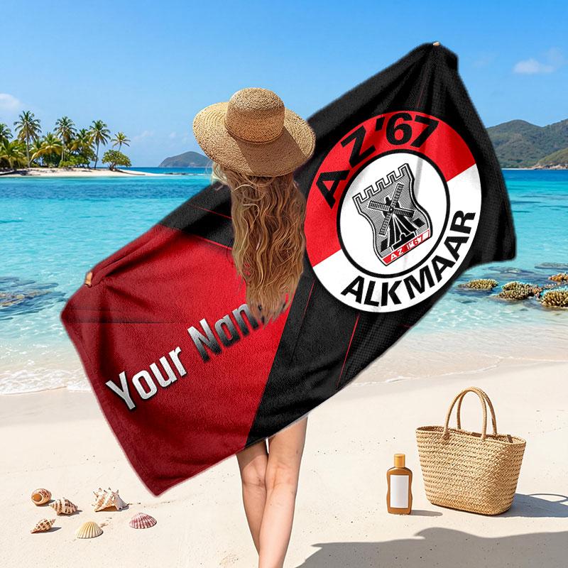 AZ Alkmaar Benutzerdefiniertes Strandtuch, Personalisierter Namens-Textdruck, Fußballlogo Weiches Schnelltrocknendes Handtuch Urlaubsgeschenk
