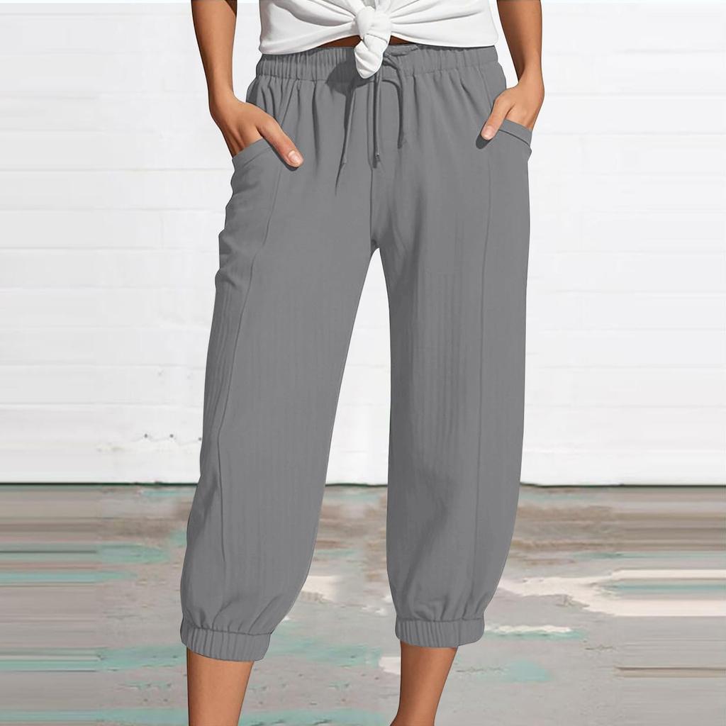 Women's Summer 3/4 Trousers  Summer Trousers With Pockets Causal Loose Trousers Fabric Trousers Sport Leisure Beach Trousers