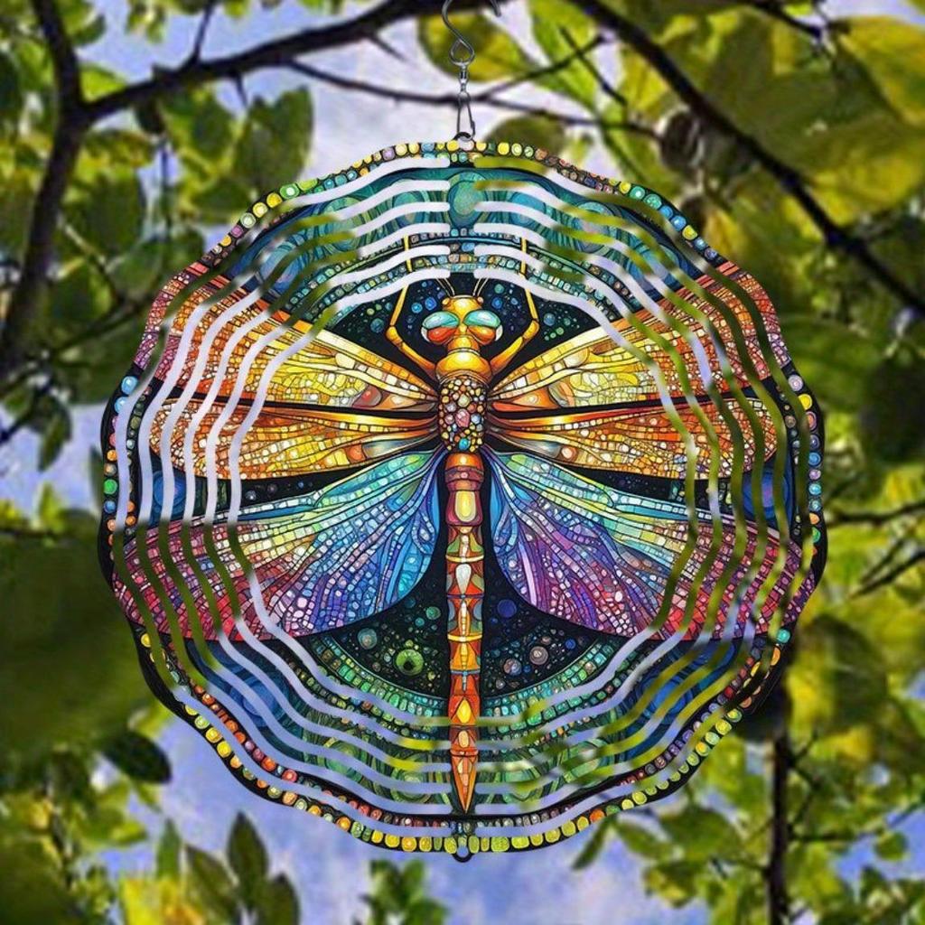 Hanging Wind Chime with Colorful Dragonfly Pattern 2D Kinetic Metal Art for Outdoor Courtyard Balcony Garden Decor