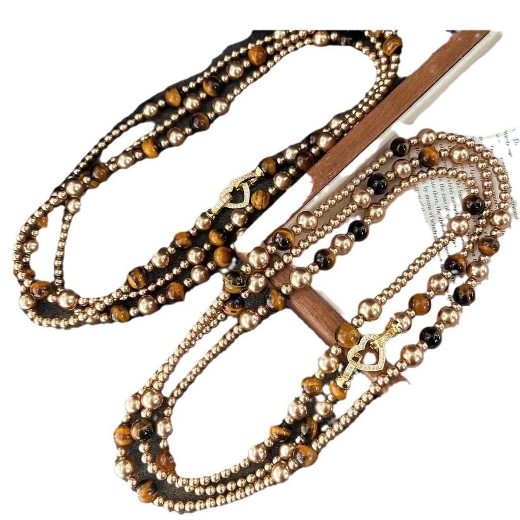 Maillard High Gloss Perfect Round Artificial Crystal Pearl Natural Tiger'S Eye Necklace Clavicle Chain Sweater Chain