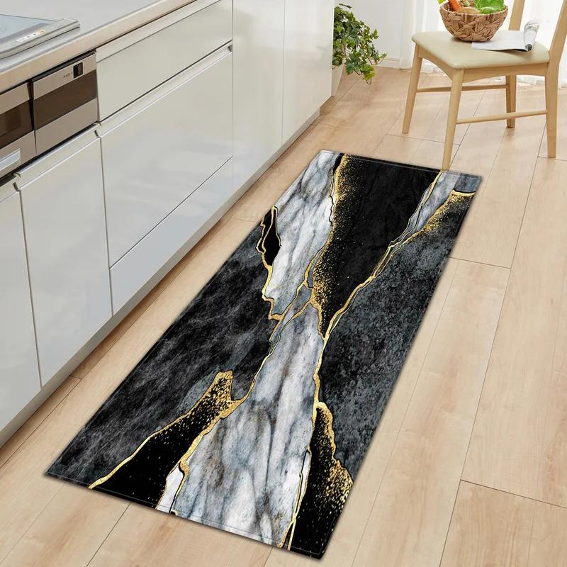 Black White Marble Print Long Runner Rug Non-slip Washable Kitchen Floor Mat Modern Abstract Home Decor Carpet