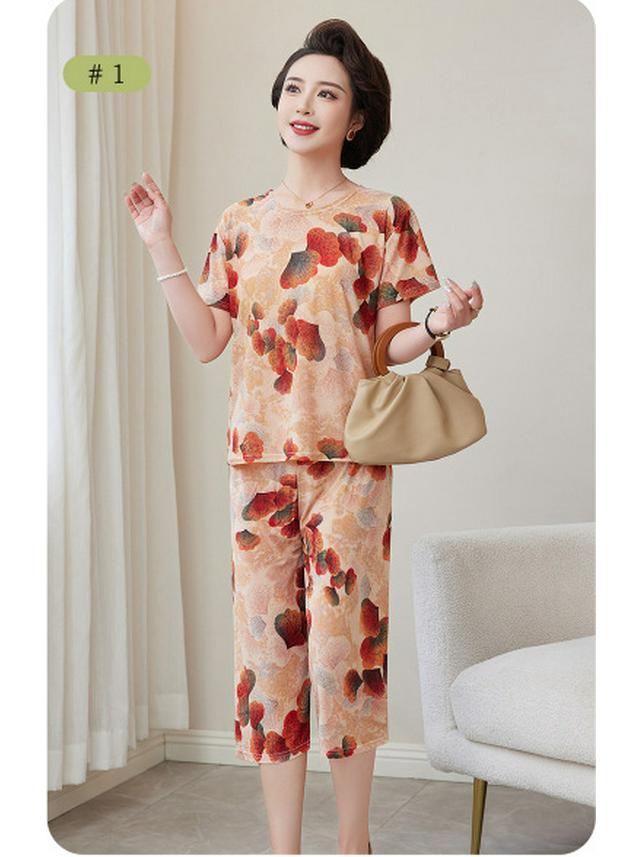 Women's Plus Size Ice Silk Pajama Set: Casual Short Sleeve Two-Piece for Middle-aged and Elderly Moms