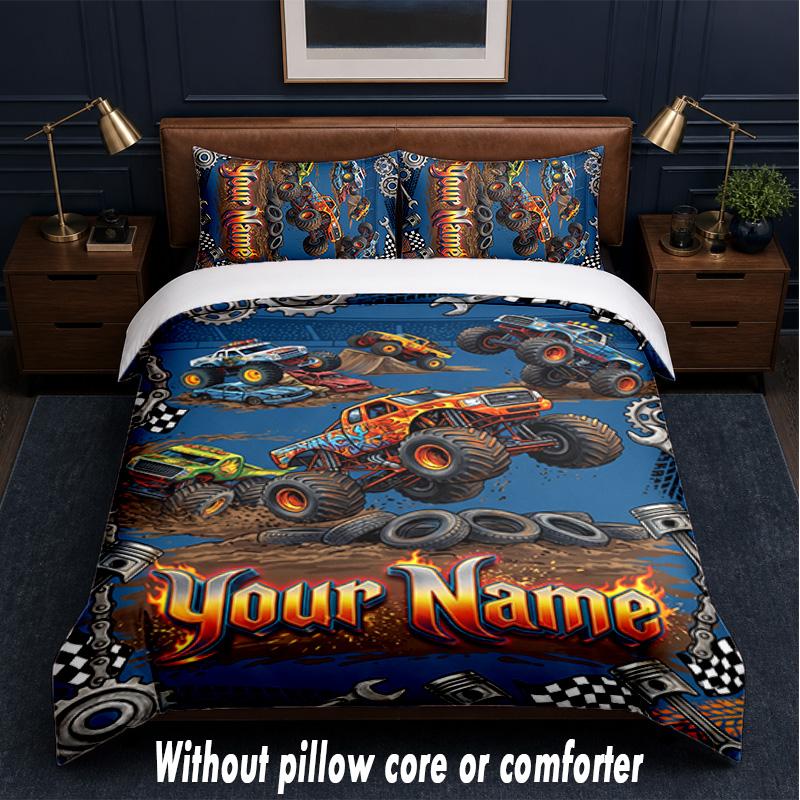 Monster Truck Theme Custom Text Or Name 3Pcs Bedding Set,1 Flat Sheet & 2 Pillowcases Personalized Home Bedding
