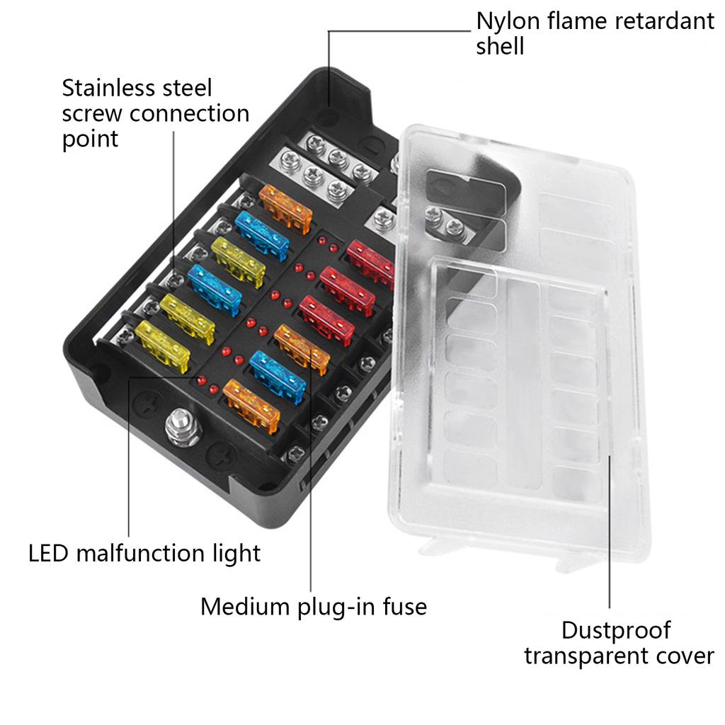 Multiple Circuit Fuses Block Heat Resistant ABS 6 Way/12 Way Automotive Fuses Box Simple Installation for Car Modifica
