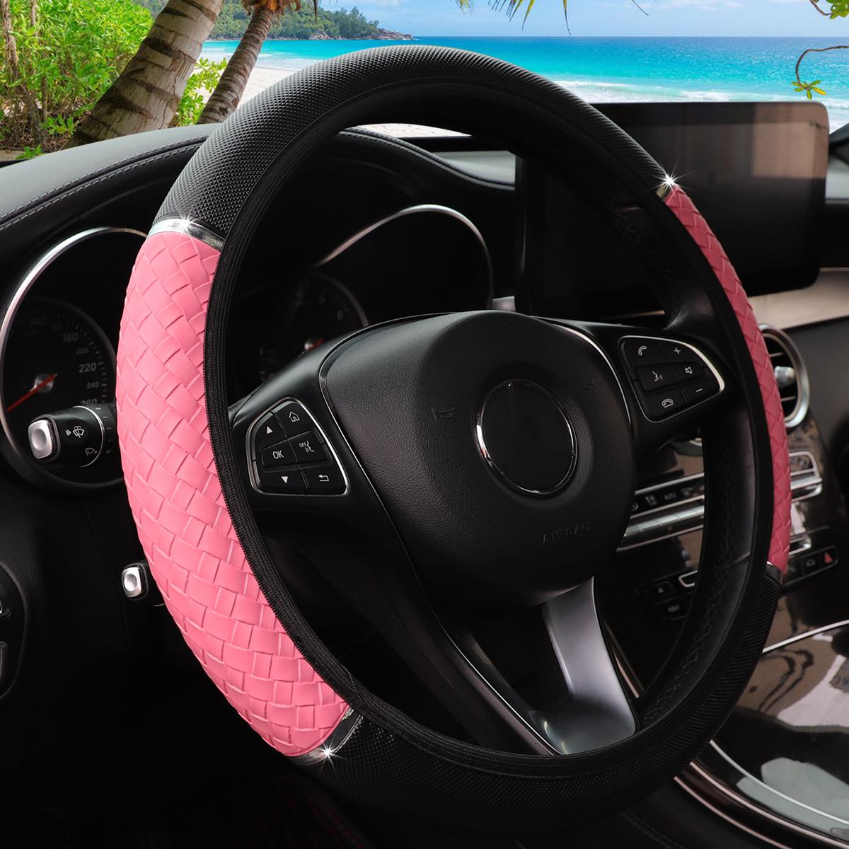 

1 PU three-dimensional braided leather metal dynamic car upholstery without inner ring steering wheel cover fits 14.5-15 inches рожевий