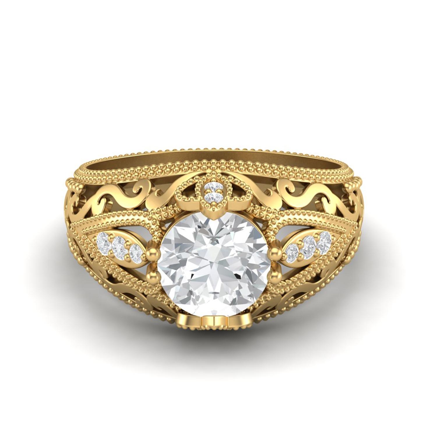 1.45 Ctw Round Moissanite Antique Filigree Design 925 Sterling Silver Gold Vermeil Wedding Women Ring