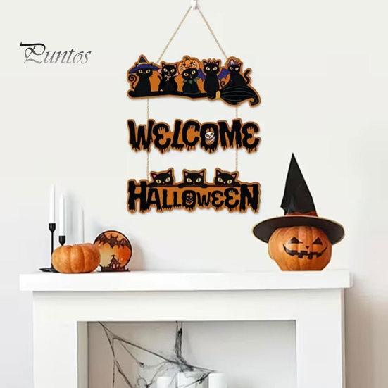 Elegant Natural Wood Sign Halloween Wooden Door Sign, Black Cats Broom Front Hanger, Rustic Nordic Style Hanging Welcome for Home Window Wall