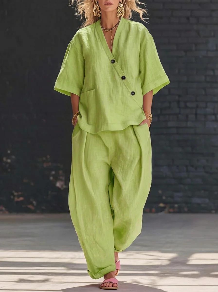 

2026 Women s V-neck Solid Color Two-piece Set: Casual Short-sleeved Top & High-waisted Long Pants 3XL желто-зеленый