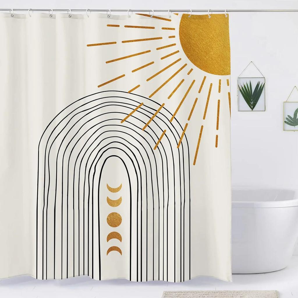 Abstract Bohemian Shower Curtain Mid Century Arches Sun Leaves Modern Simple Aesthetic Lines Geometric Decorative Shower Curtain