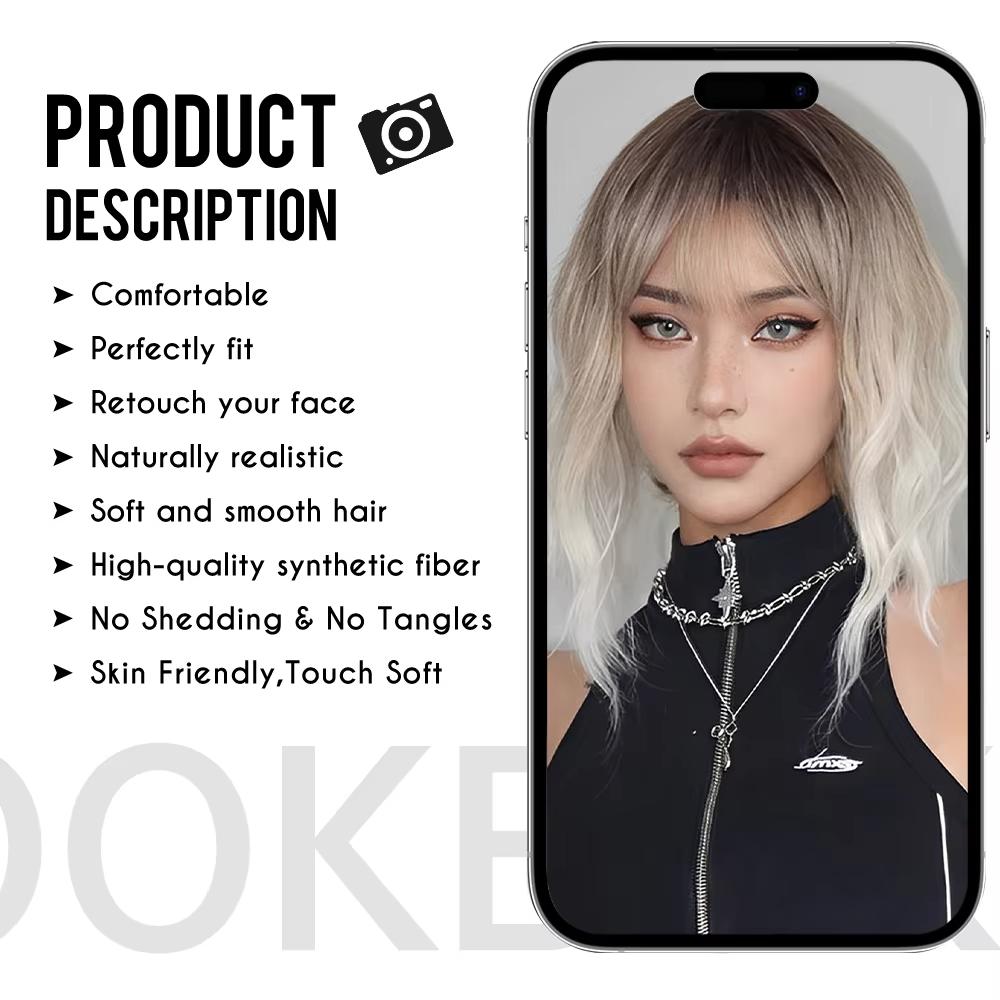 EASIHAIR Light Brown To Platinum Ombre Synthetic Wigs for Women Short Wavy Cosplay Lolita Natural Hair Wig with Bangs Heat Resistant