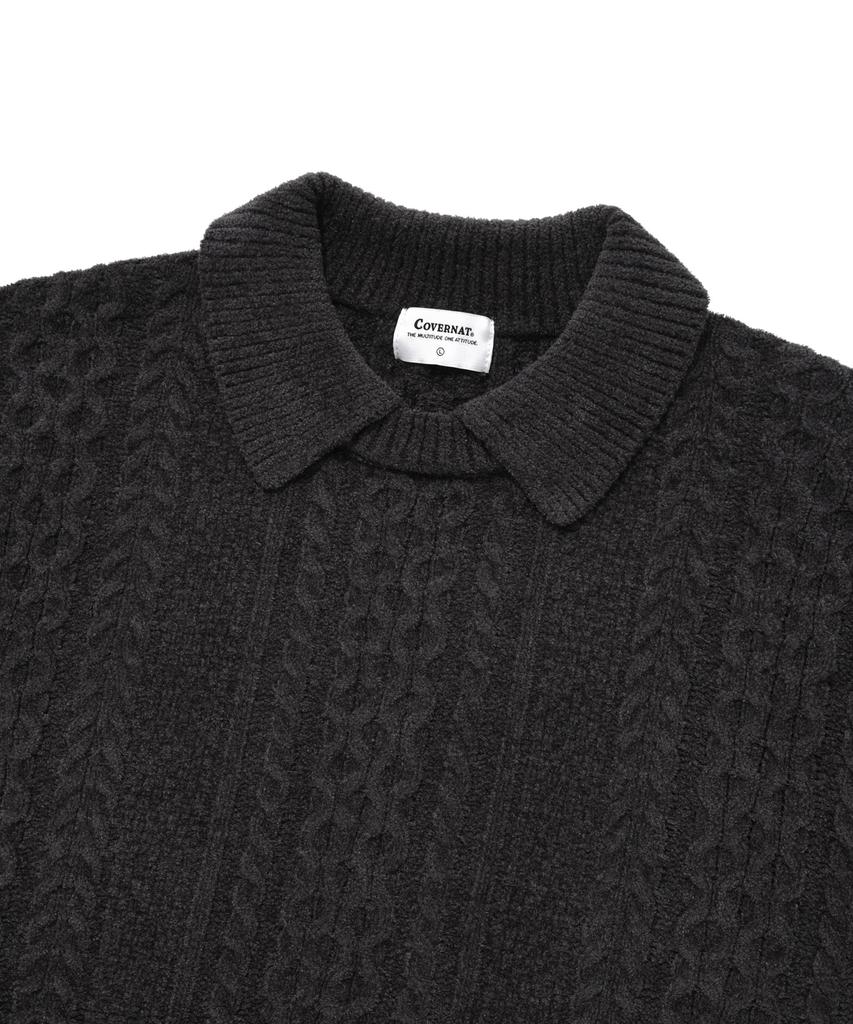COVERNAT Velvet Cable Round Collar Knit Charcoal