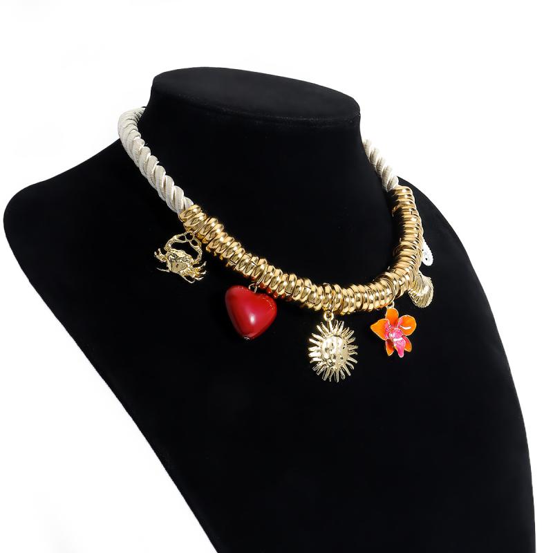 Vintage Handmade Charm Cord Necklace For Women Golden Ocean Animal Pendant Rope Chain Jewelry Summer  Wearing Gift
