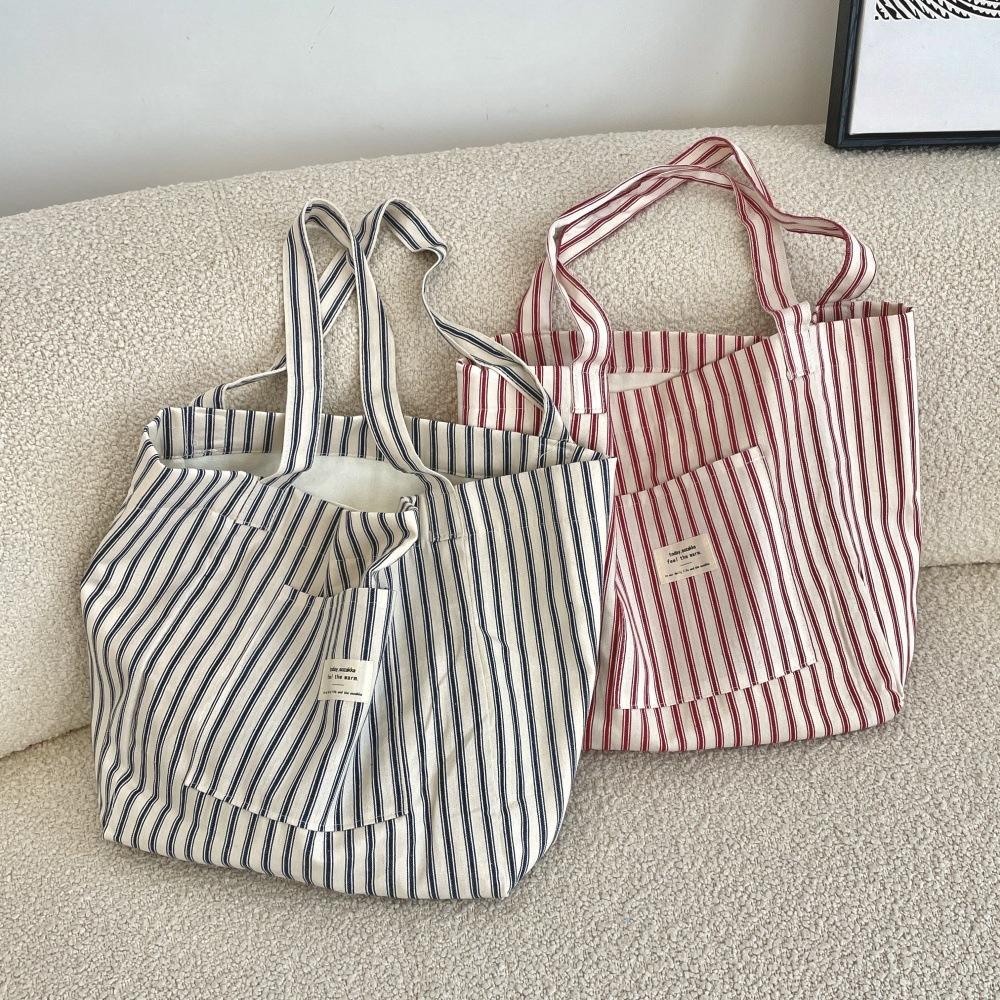 Vintage Striped Women's Shoulder Bags Large Capacity Female Reusable Shopping Bag Canvas School Girls Book Tote Handbags