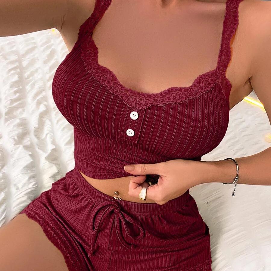 Women's European & American Style Ribbed Camisole Pajama Set – Sexy, Casual, High-End Feel