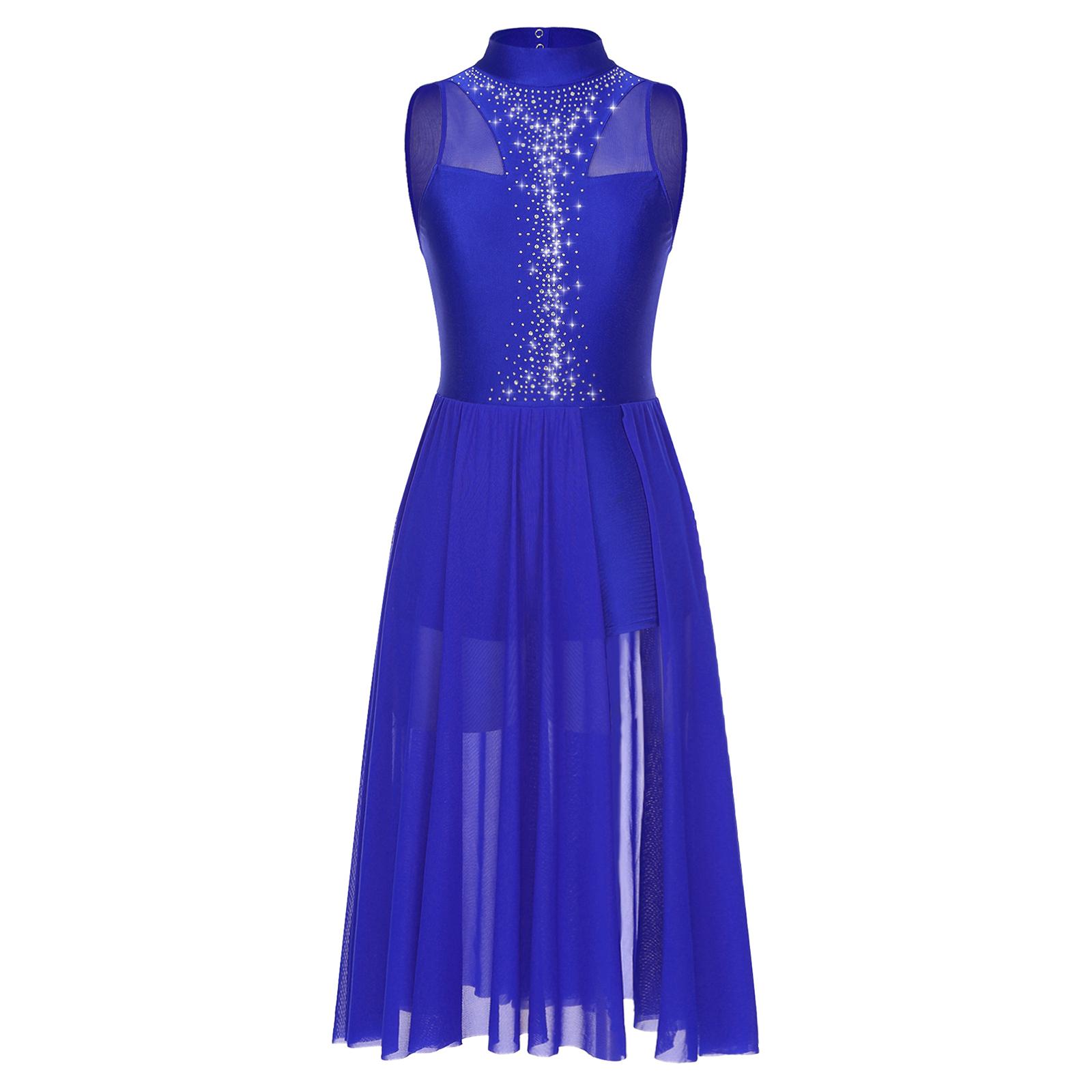 

Womens Dance Performance Costume Sparkly Rhinestone Sleeveless Mock Neck Back Keyhole Side Split Dresses L королівський синій колір