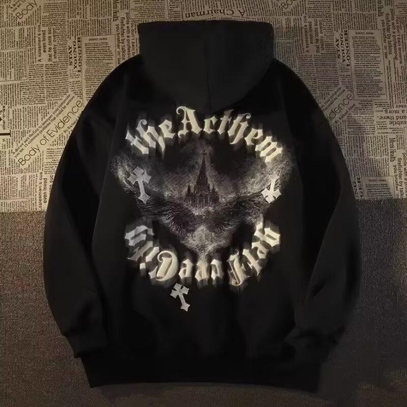 

Ретро-свитер в стиле Гонконга, мужской свитер с капюшоном на весну и осень, американский тяжелый уличный стиль, модный бренд, мешковатое пальто M чёрный