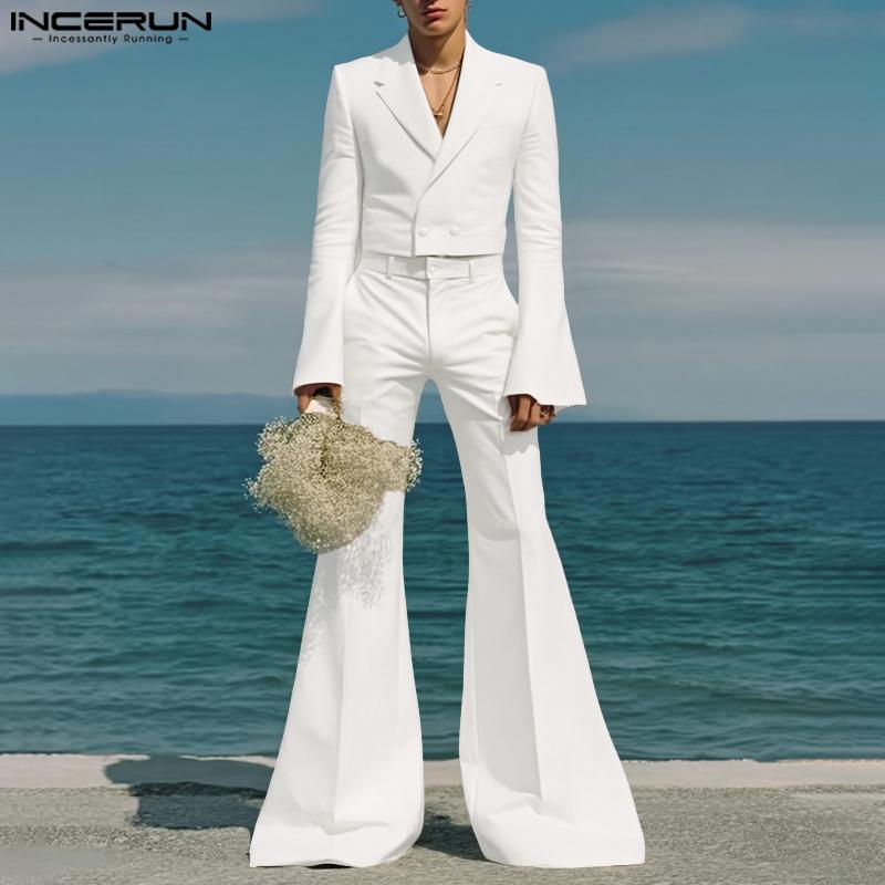 INCERUN Two Pieces Outfits Men Lapel Long Sleeve Cropped Blazer Long Flare Pants Sets