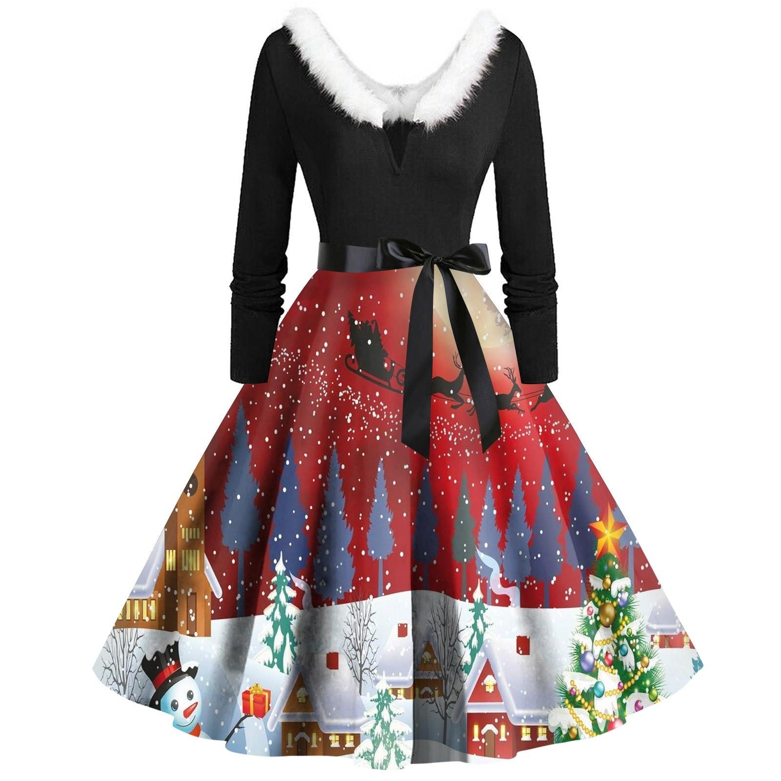 

Женское винтажное платье с длинным рукавом и рождественским принтом в стиле 1950-х годов для вечеринки, выпускного вечера, для домохозяйки XXXL винный