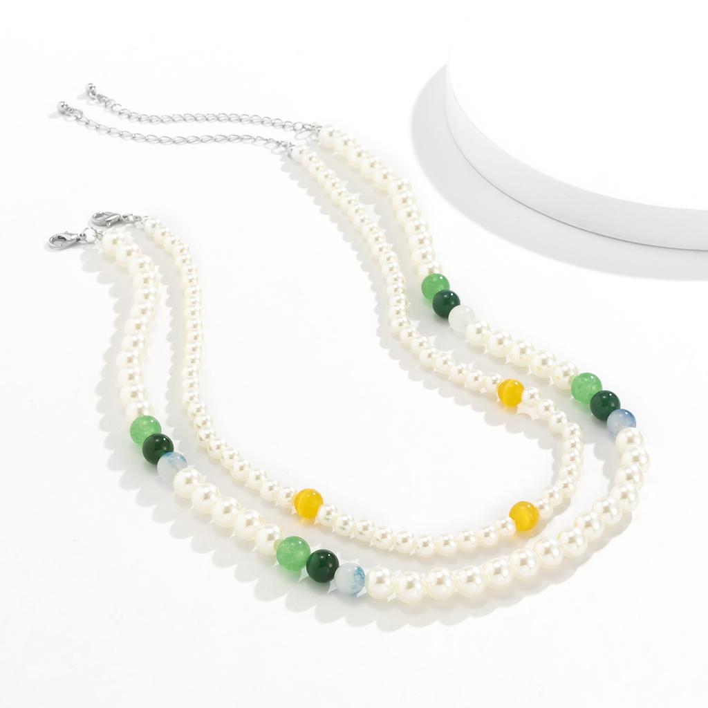 Versatile Autumn Winter New Double Layer Stacked Colorful Spliced Pearl Men's Necklace