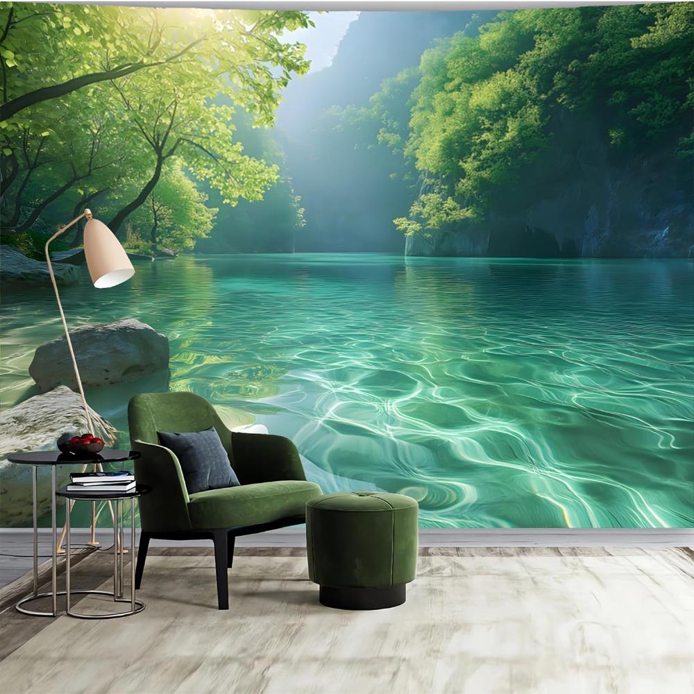Crystal Clear Turquoise Mountain Lake Wall Mural Green Forest Wallpaper for Living Room Decor
