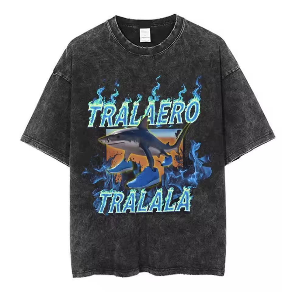 

Italian Brainrot Tralalero Tralala Funny Shark Meme Washed Tshirt Men Fashion Vintage Tshirt Summer Casual Cotton T Shirt Tops S