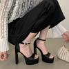 Runway Style Black High Heels Platform Sandals For Women Cozy Silk Square Toe Buckle Strap Lady Party Dress Shoes Size 40