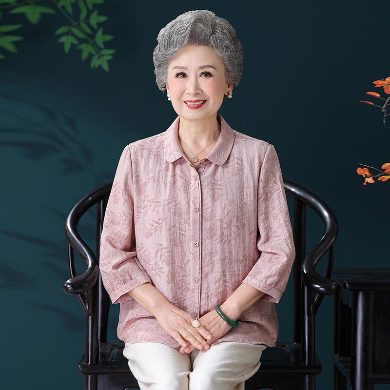 

Elderly Women s Seven-Sleeve Summer Shirt - Lightweight, Loose, Grandma Style Top with Collar 3XL (120-135 lbs) рожевий
