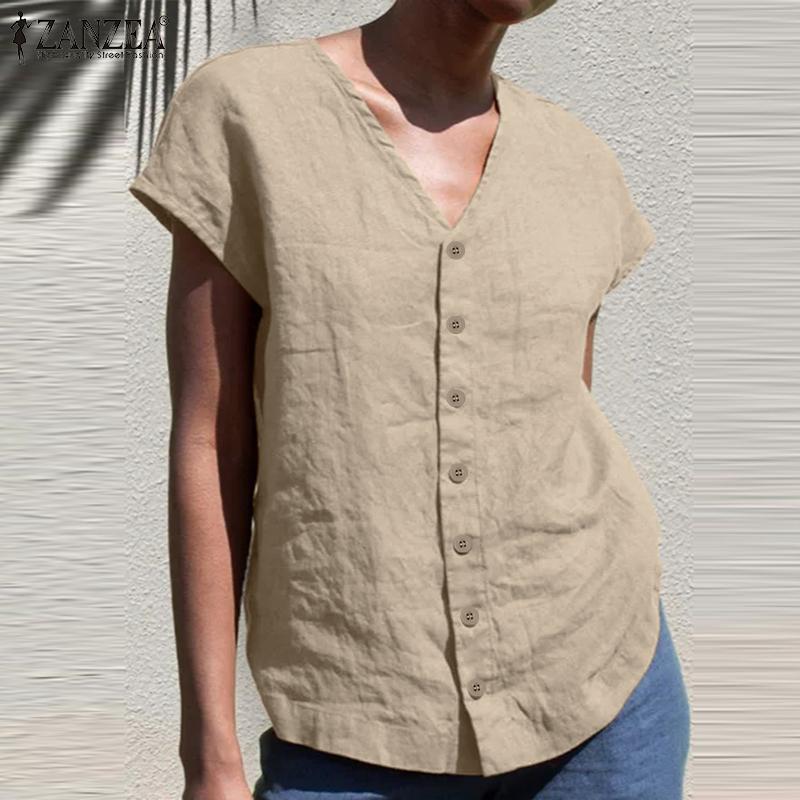 

ZANZEA женские летние топы с короткими рукавами и V-образным вырезом, хлопковая льняная повседневная рубашка