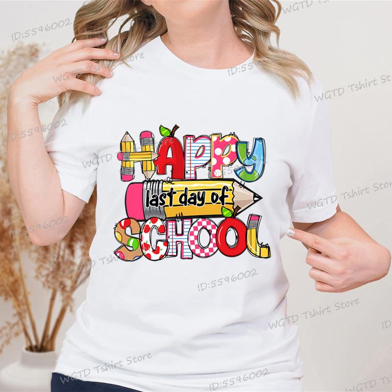 

Happy Last Day of School Graphic T Shirts Women Crew Neck Short-sleeved T-shirt Tops Teacher Gift End of School Summer Top Tees S