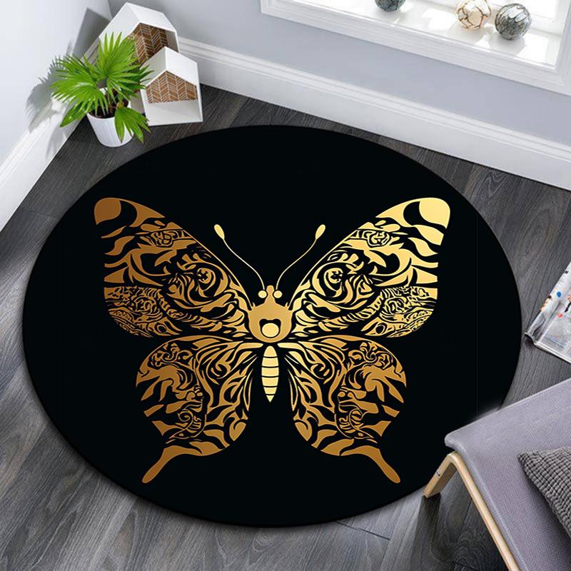 Golden Butterfly Round Area Rug,Carpet Rug for Living Room Bedroom Sofa Playroom Decor,Non-slip Floor Mat