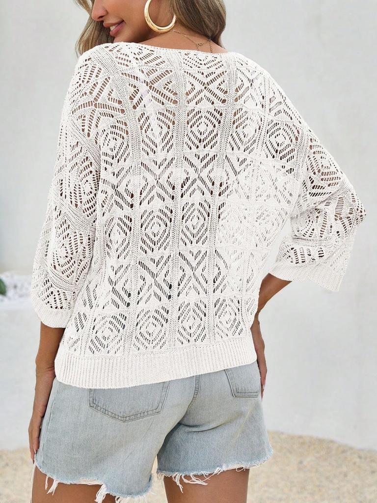 Women's Crochet Hollow Out Cover Up Top Off Shoulder Three Quarter Sleeve Mesh Beachwear