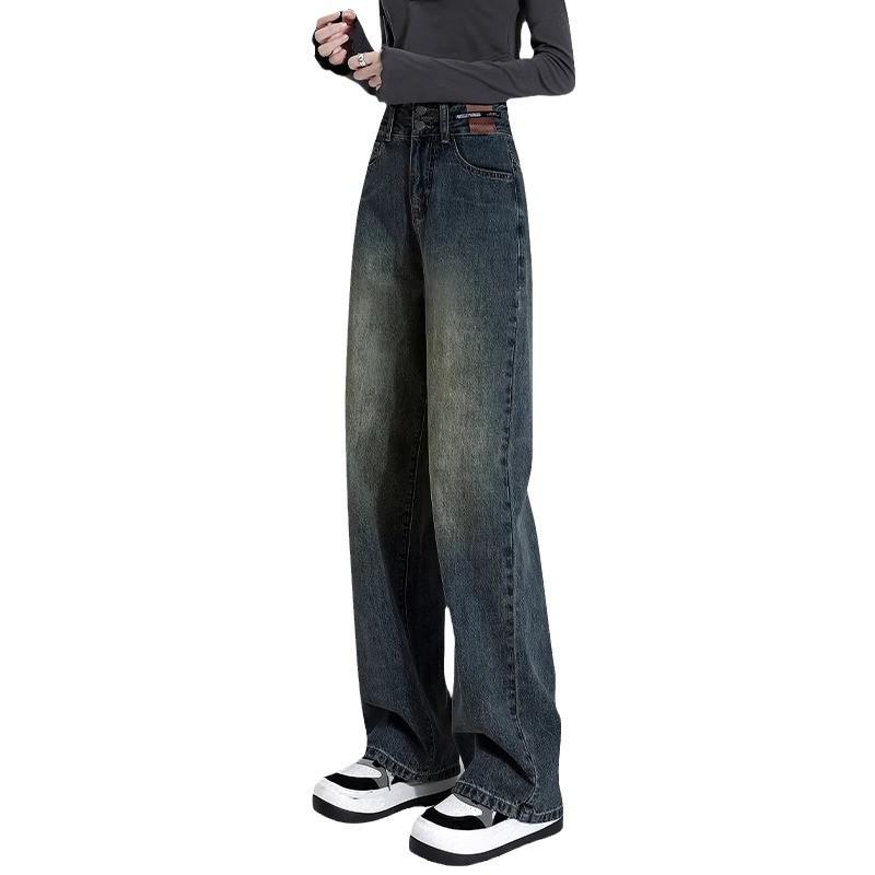 Women's Cement Gray High-Waisted Plush Wide-Leg Jeans - Autumn/Winter Slim Straight Trend.